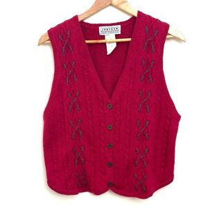 Vtg Jantzen Cable Knit Sweater Vest Women's M Red w/ Green Plaid Braid